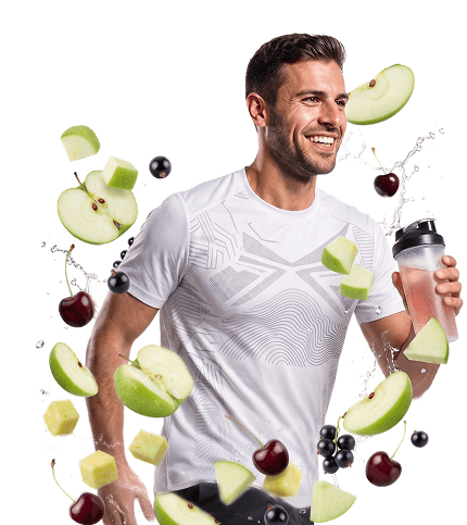 Un homme en tenue de sport court en tenant un shaker.