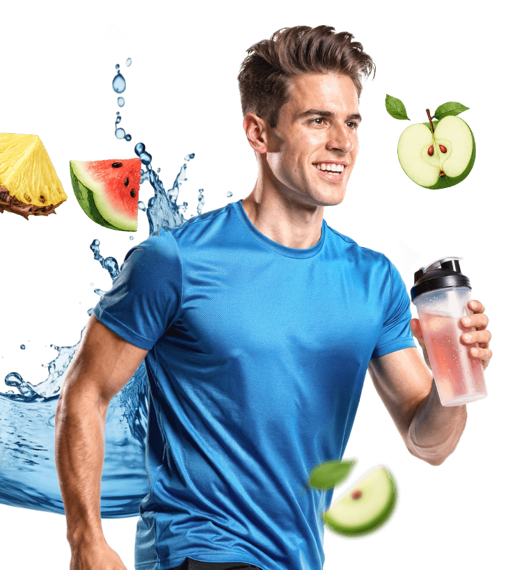 Un homme en tenue de sport court en tenant un shaker.