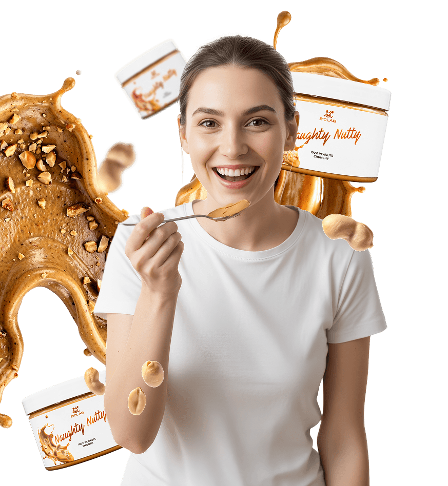 Uśmiechnięta kobieta próbująca pastę orzechową NN 